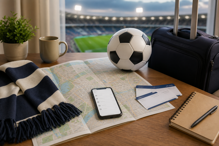 Karta, fotboll och reseplanering inför en fotbollsresa