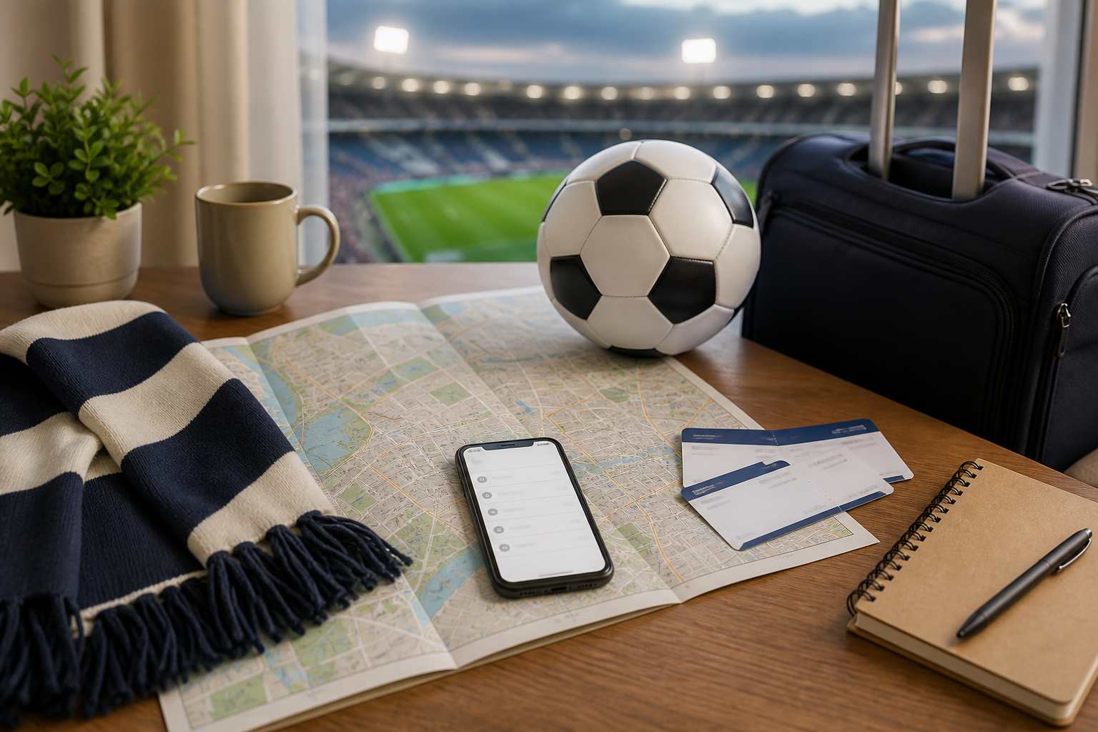 Karta, fotboll och reseplanering inför en fotbollsresa