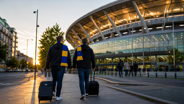 Fotbollssupportrar på väg mot en europeisk arena under en fotbollsresa