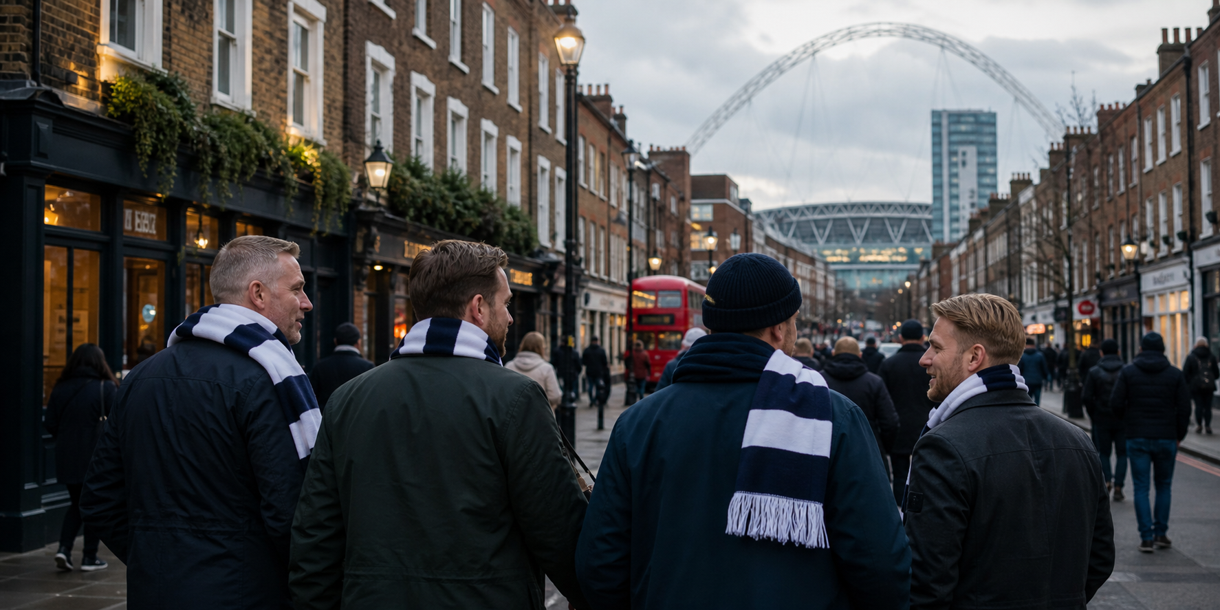 Fotbollsresenärer utanför en modern arena i Manchester