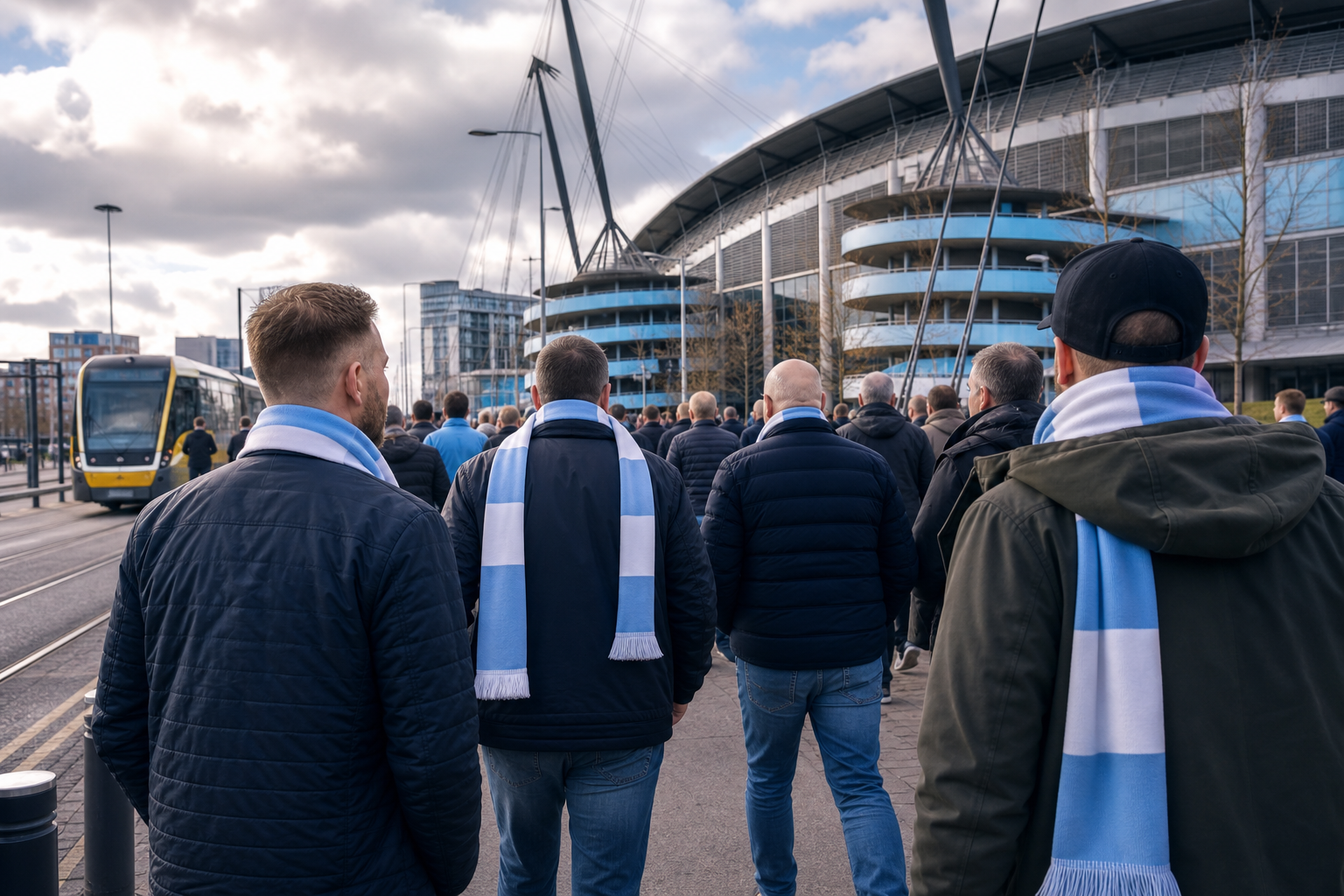Resenärer planerar biljett och spårvagn till en Manchester City-match