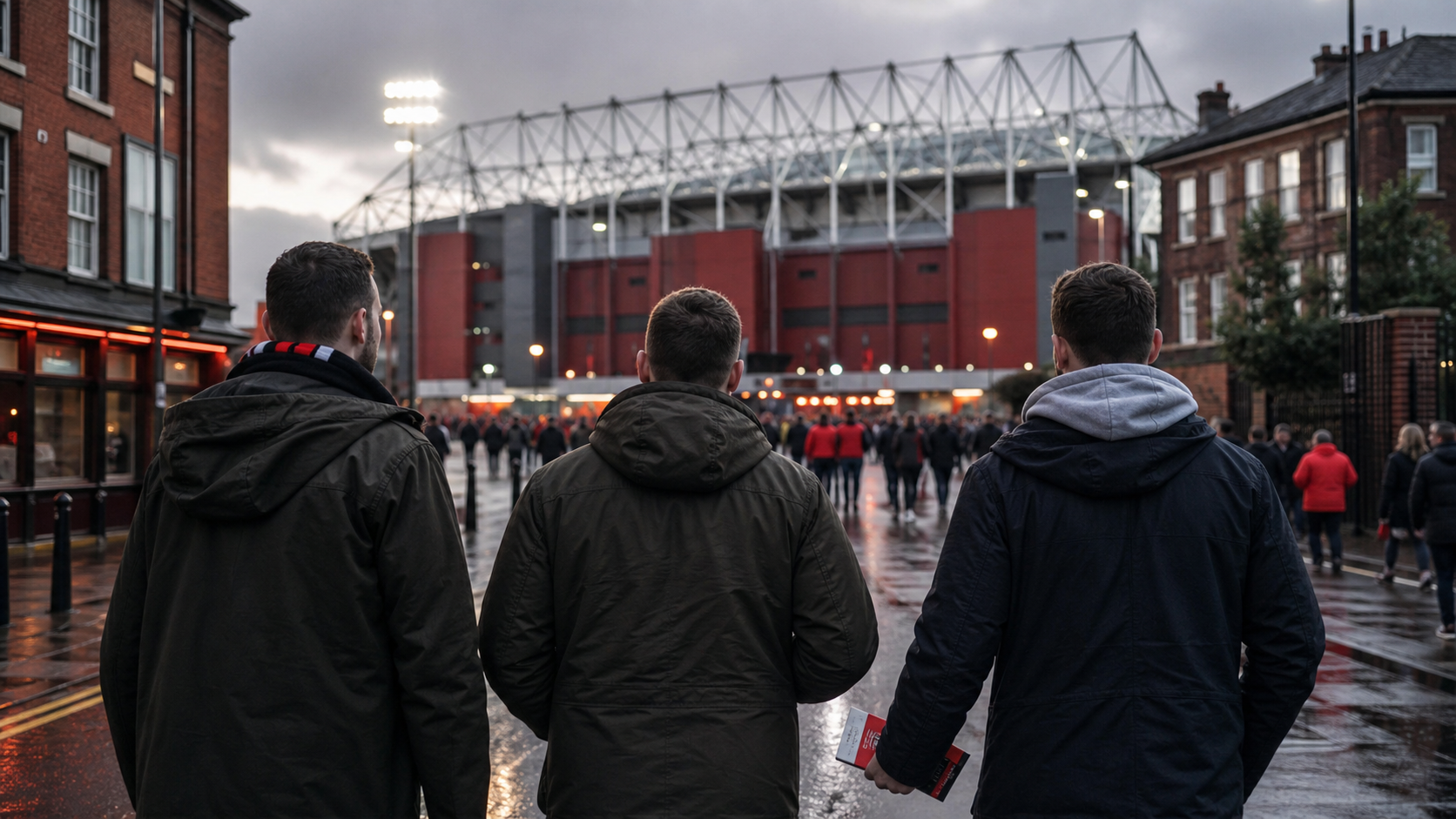 Tre fotbollsresenärer promenerar mot en klassisk arena i Manchester
