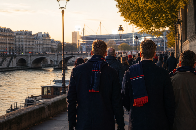 Resenärer planerar metroresan till en kvällsmatch i Paris