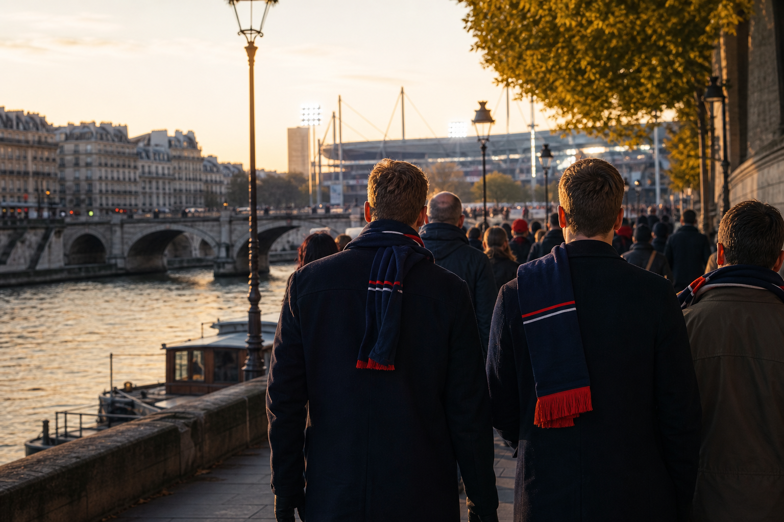 Resenärer planerar metroresan till en kvällsmatch i Paris