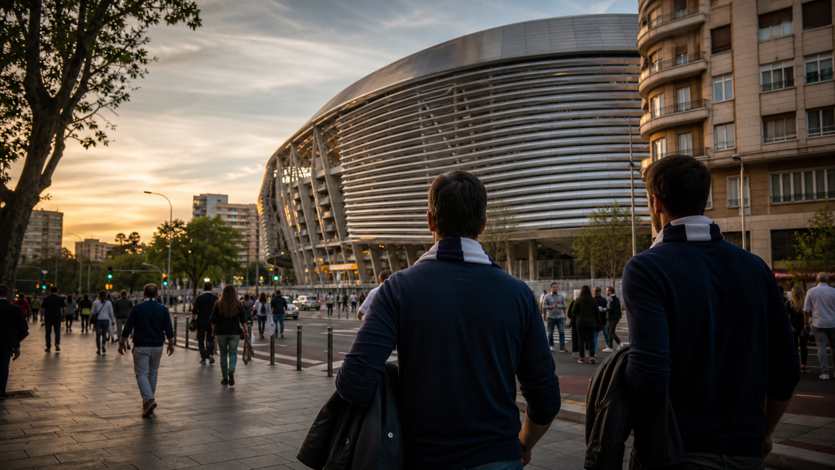 Fotbollsresenärer utanför en modern arena i Madrid före kvällsmatch