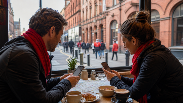 Två resenärer kontrollerar biljetter och resväg på ett kafé i Liverpool
