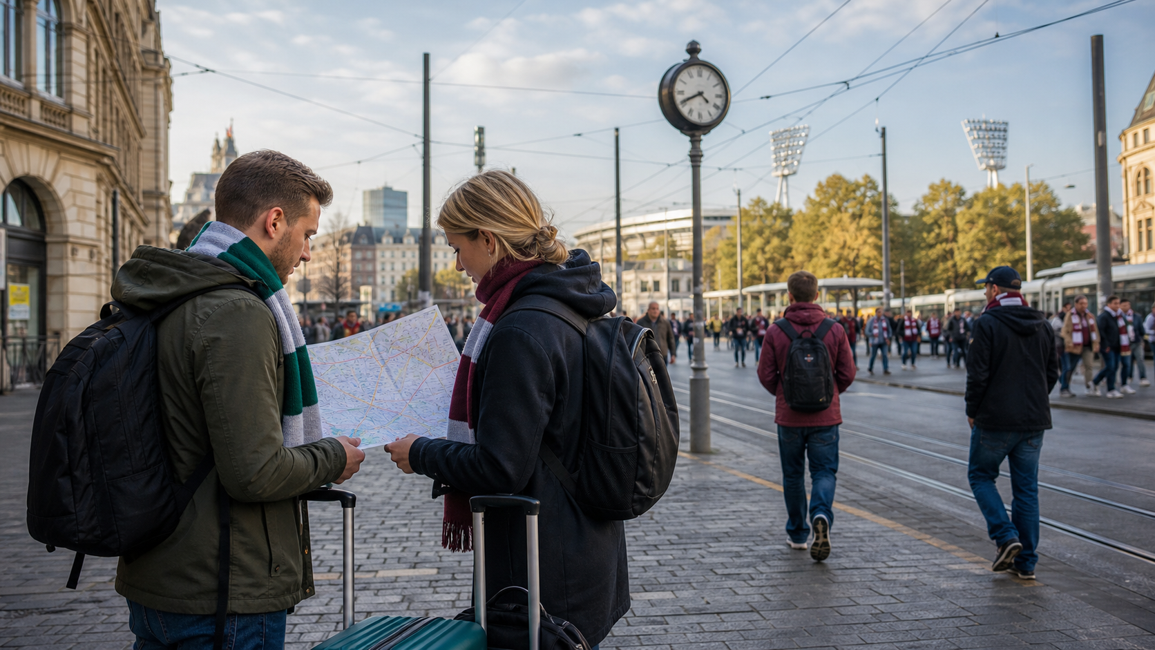 Två resenärer planerar en flerstadsresa till tyska fotbollsmatcher