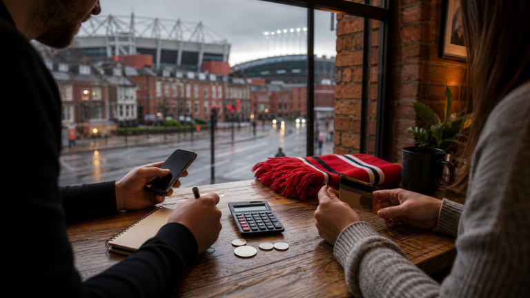 Två resenärer räknar på budgeten för en fotbollshelg i Manchester